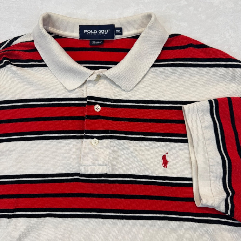 Polo Golf Ralph Lauren Mens XXL Red Black White Striped Pique Cotton Polo Shirt